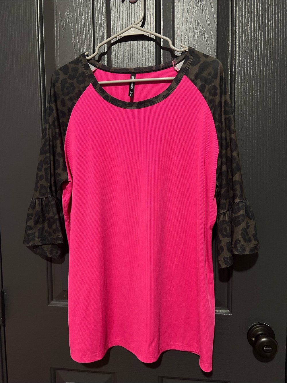 Bright Pink Raglan Sleeve Women’s Top with Leopard Print Accents